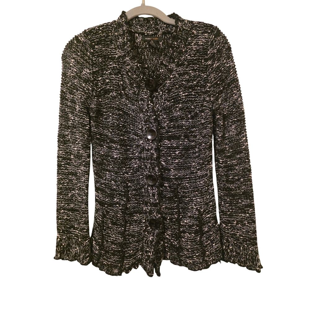 BCBG Max Azria Womens Small Black White Marled Ruffle Knit Cardigan Y2K